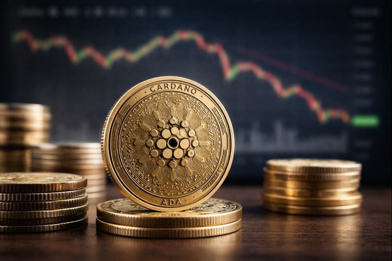Una moneta di Cardano (ADA) con un grafico finanziario sullo sfondo