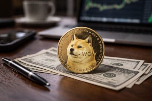 Una moneta di Dogecoin (DOGE) con delle banconote sotto di essa