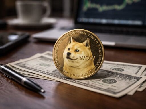 Una moneta di Dogecoin (DOGE) con delle banconote sotto di essa
