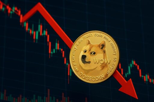 Una moneta di Dogecoin con un grafico a candele sullo sfondo e una freccia in discesa che lo accompagna