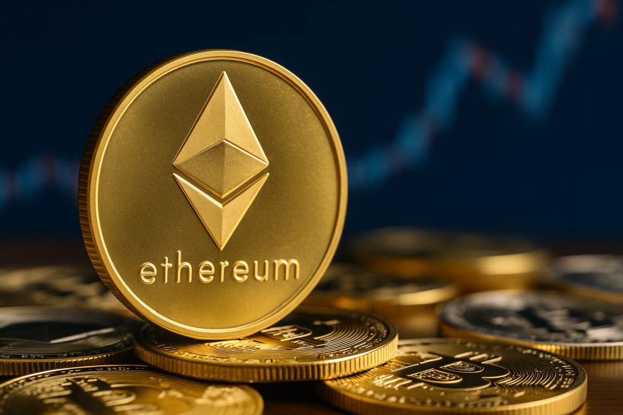 Una moneta di Ethereum poggiata su diverse monete di altro tipo