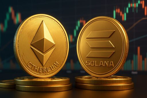 Una moneta di Ethereum accanto a una moneta di Solana, con dei grafici a candele sullo sfondo