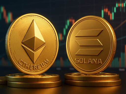 Una moneta di Ethereum accanto a una moneta di Solana, con dei grafici a candele sullo sfondo