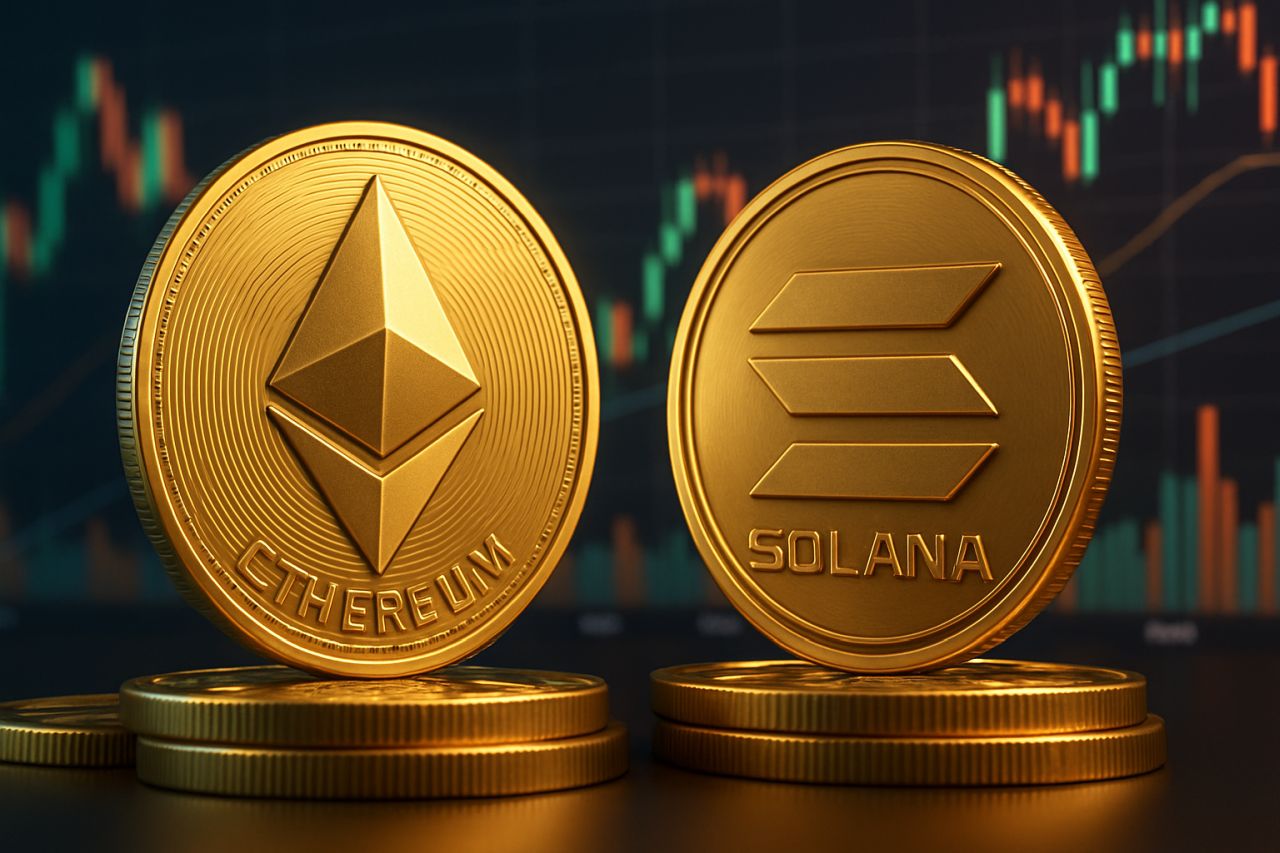 Una moneta di Ethereum accanto a una moneta di Solana, con dei grafici a candele sullo sfondo