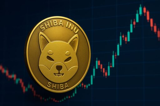 Una moneta di Shiba Inu con un grafico a candele dietro