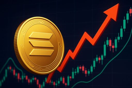 Una moneta di Solana in primo piano e un grafico a candele con una freccia verso l'alto sullo sfondo