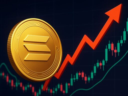 Una moneta di Solana in primo piano e un grafico a candele con una freccia verso l'alto sullo sfondo