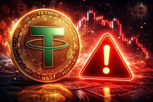 Una moneta con il simbolo di Tether e un segnale di pericolo