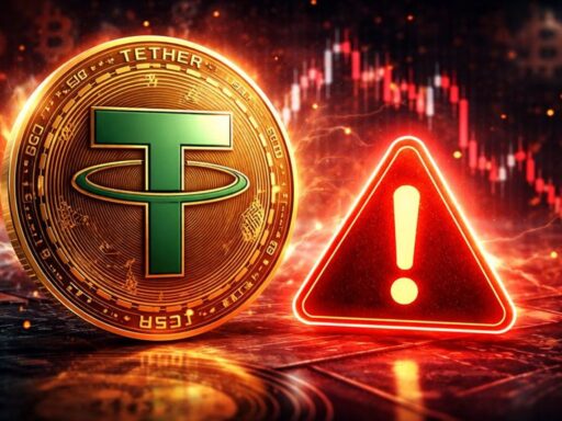 Una moneta con il simbolo di Tether e un segnale di pericolo