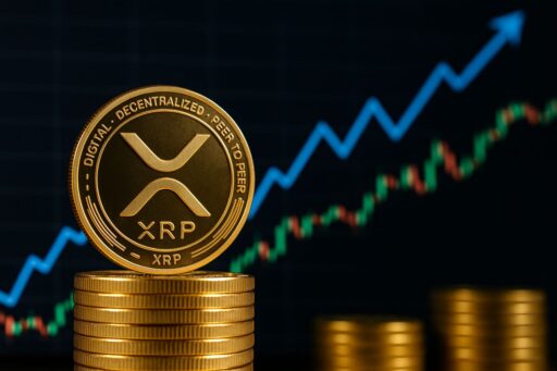 Una moneta di XRP con altre monetine impilate e sullo sfondo un grafico a candele che indica rialzo