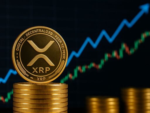 Una moneta di XRP con altre monetine impilate e sullo sfondo un grafico a candele che indica rialzo
