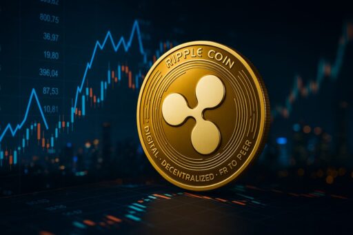 Una moneta di XRP con dei grafici finanziari sullo sfondo