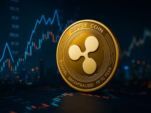 Una moneta di XRP con dei grafici finanziari sullo sfondo