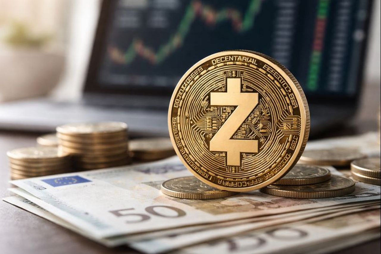 Una moneta di Zcash su alcune banconote